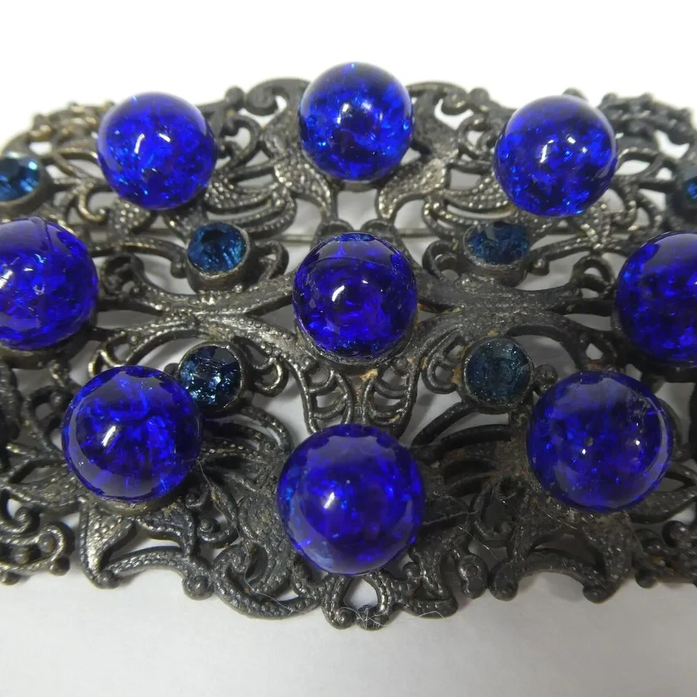 Silver Filigree Blue Rhinestone & Glass Crystal Brooch Antique Pin Czech?